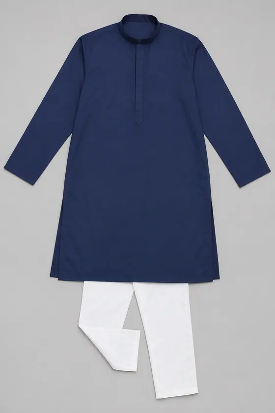 Flat photo of a navy kurta with white pyjama next to the AI model photo of the same set