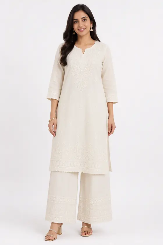 Chikankari kurta set, white studio look