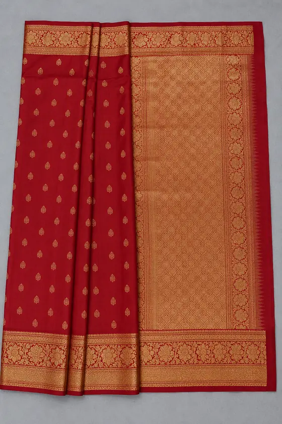 Flat photo of a red saree with a gold border next to the AI model photo of the same saree draped