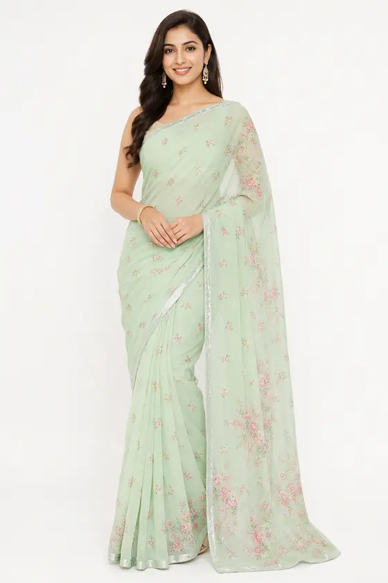 AI model photo of the mint floral georgette saree